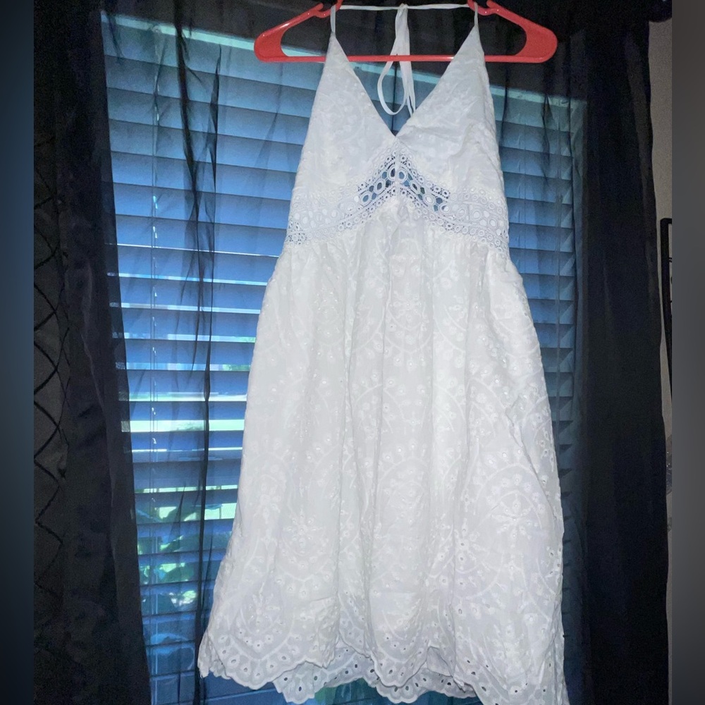 New white open back eyelet dress